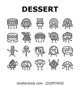 dessert character food cake icons set vector. cute sweet, funny, happy bakery, chocolate cupcake, cream donut, face candy dessert character food cake black contour illustrations