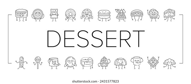 dessert character food cake icons set vector. cute sweet, funny, happy bakery, chocolate cupcake, cream donut, face candy dessert character food cake black contour illustrations