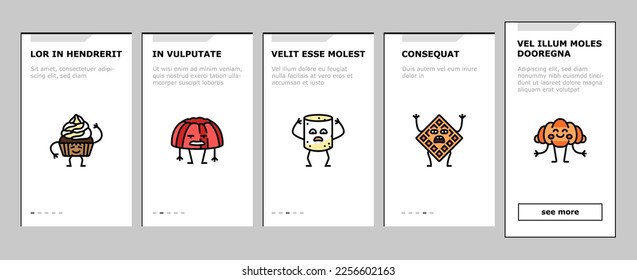 dessert character food cake onboarding mobile vector. cute sweet, funny, happy bakery, chocolate cupcake, cream donut, face candy dessert character food cake illustrations