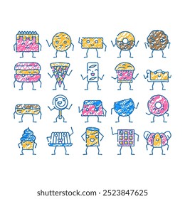 dessert character food cute doodle icons set vector. sketch line art cake sweet, happy bakery, smile donut, chocolate face, cream candy menu funny sugar dessert character food cute color illustrations