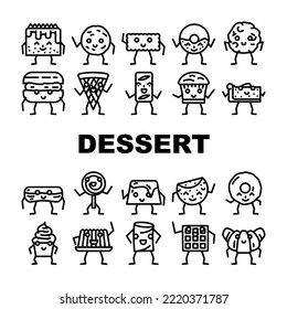 dessert character food cute icons set vector. cake sweet, happy bakery, smile donut, chocolate face, cream candy, menu funny sugar dessert character food cute black contour illustrations