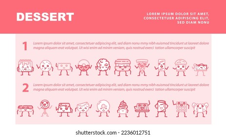 dessert character food cute landing web page header vector. cake sweet, happy bakery, smile donut, chocolate face, cream candy, menu funny sugar dessert character food cute Illustration