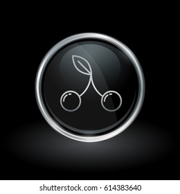 Dessert cherries symbol with cherry icon inside round chrome silver and black button emblem on black background. Vector illustration.