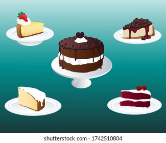 Dessert Chocolate Cake with White Filling and glossy Frosting and Various Cake Slices