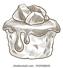 Dessert with chocolate dripping topping or caramel. Isolated sweet cake or pie portion with marshmallow or slices of candies or cookies biscuits. Monochrome sketch outline, vector in flat style