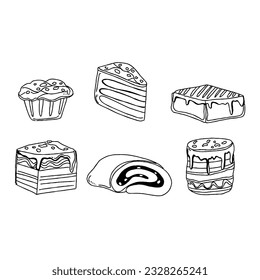 dessert, chocolate, food, isolated, vector, illustration, delicious, sweet, bakery, cake, pastry, tasty, piece, sugar, snack, cocoa, brownie, slice, brown hand drawn doodle illustrations vector set