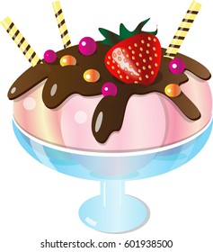 Dessert, chocolate, ice cream, strawberries, wafer rolls. Vector, illustration, icon