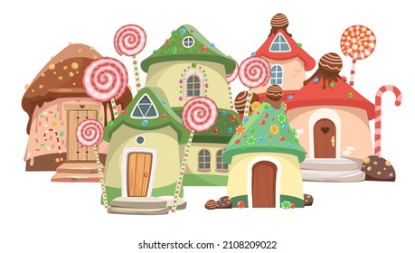 Dessert city. Sweet caramel fairy house. Illustration in cartoon style flat design. Picture for children isolated on white background. Vector.