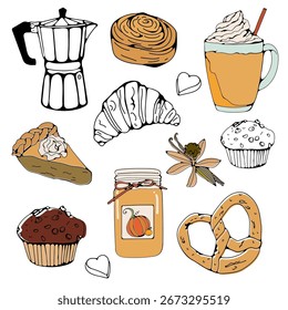 Dessert and coffee collection in vector isolated on white