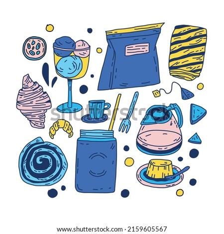 Dessert and coffee concept made in vector. Baked goods and sweets for your design. Buns, teapot, baked goods and other sweets.  Hand drawn food illustration.