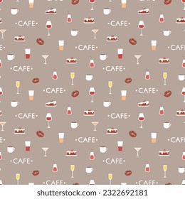 Dessert, coffee and glasses, cafe seamless pattern design. Sweet cake and drinks, fabric or textile print for kitchen, home decor vector texture