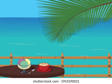 Dessert and coffee at a table by the sea
