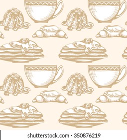 Dessert and coffee or tea. Seamless background for flyers and wrapping paper.