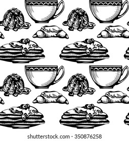 Dessert and coffee or tea. Seamless background for flyers and wrapping paper.