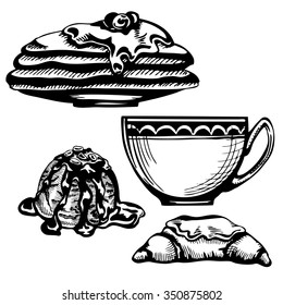 Dessert and coffee or tea. A set of drawing elements.
