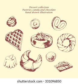 Dessert collection with baked goods, cakes, chocolate, candy and pastry. Hand drawn vector illustration.