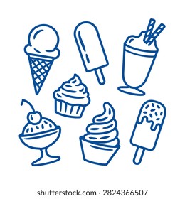 Dessert Collection Blue Line Art Illustration On White Background