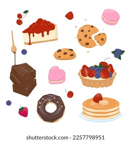 Dessert collection. Fruit tart, cheesecake, brownies, cookie, doughnut, and macaron on white background. Hand-draw style. 