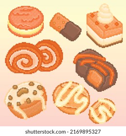Dessert collection in Orange color pixel art for 8 bit game style