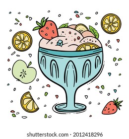 Dessert in color on white background with strawberries, orange, apples and crunch, cartoon symbol for t-shirt design, print, cards. Flat design. Vector illustration.