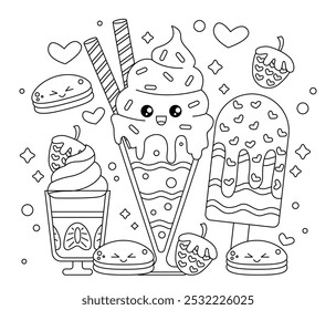 Página de coloração de sobremesa. Gelados de waffle e biscoitos. Sobremesa e delicadeza. Jogos intelectuais para crianças, desenvolvimento de crianças habilidades criativas. Ilustração de vetor linear