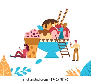 Dessert concept with ice cream and people. Flat vector illustration for poster, banner, menu, commercial flyer.