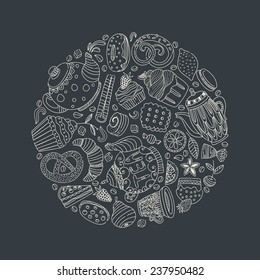 Dessert concept made in vector. Baked goods and sweets for your design. Cupcake, teapot, baked goods and other sweets.
