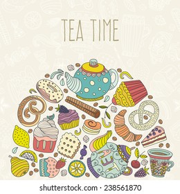 Dessert concept made in vector. Baked goods and sweets for your design. Cupcake, teapot, baked goods and other sweets.