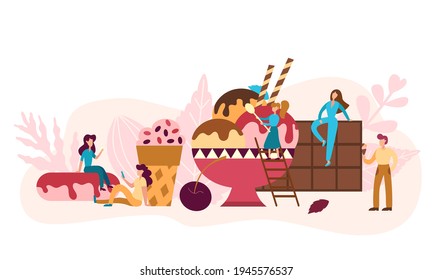 Dessert concept with tiny people. Men and women eating ice cream and chocolate. Design for café, banner, menu. Bakery vector illustration in flat style.