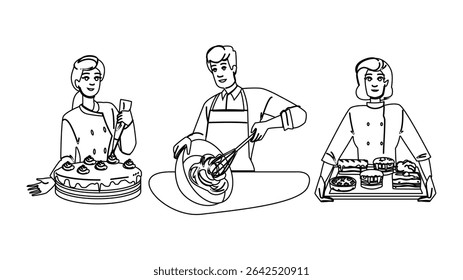 vetor de sobremesa confeiteiro. confeiteiro gelado, caramelo gelado, nougat fudge sobremesa personagem confeiteiro. pessoas linha preta lápis desenho ilustração