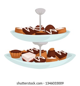 Dessert or confectionery cookies and candies on two layer dish vector chocolate and cream cakes sweet food pastry or bakery products cooking dishes culinary ingredients puff dough and souffle