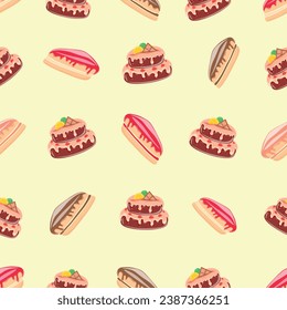 Un postre que consiste en tarta y tarta de queso dará placer, pastelería, tarta, cocina, sabor vivo, comida, contorno, ilustración vectorial, sin soldadura, azúcar, patrón 