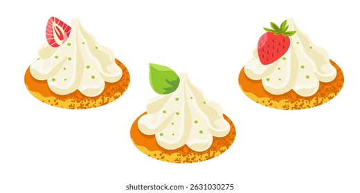 Dessert with cream. Canape with sweet cream decorated with fruit, strawberry, raspberry, mint. Flat vector illustration. textured style, isolated on white background, stylized dessert art.
