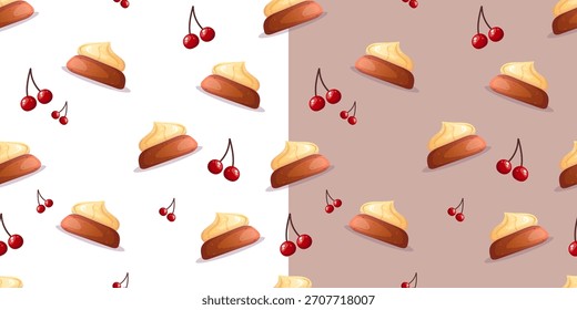Pastel de crema de postre y patrón de cereza