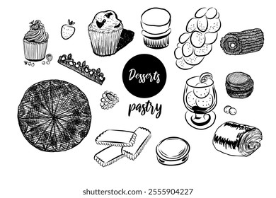 Dessert. Croissant, cake, pie, macaroons, madeleine, pretzels, donut. Hand drawn vector isolated set.