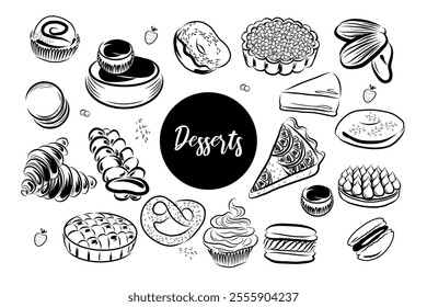 Dessert. Croissant, cake, pie, macaroons, madeleine, pretzels, donut. Hand drawn vector isolated set.