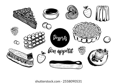 Dessert. Croissant, cake, pie, macaroons, madeleine, pretzels, donut. Hand drawn vector isolated set.