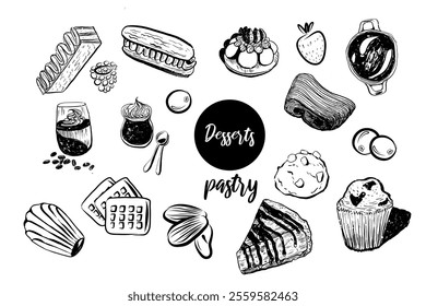 Dessert. Croissant, cake, pie, macaroons, madeleine, pretzels, donut. Hand drawn vector isolated set.
