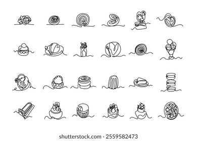 Dessert. Croissant, cake, pie, macaroons, madeleine, pretzels, donut. Hand drawn vector isolated set.