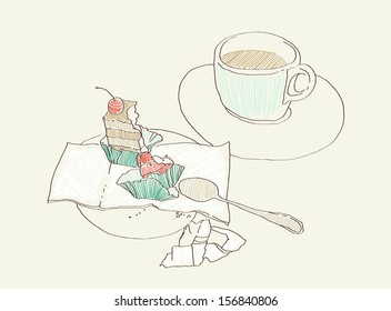 Dessert and cup of coffee drawing