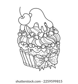 Dessert cupcake with cherry. Black and white linear drawing. Hand drawn. For the design of a coloring book, prints, posters, stickers, bowls, postcards and so on. Vector