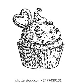 dessert cupcake hand drawn. sweet chocolate, recipe homemade, icing delicious dessert cupcake vector sketch. isolated black illustration
