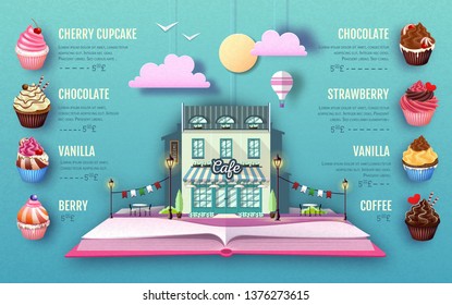 Dessert cupcake menu design. Cut out paper art style design. Origami