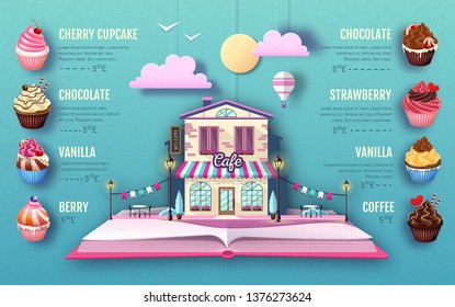 Dessert cupcake menu design. Cut out paper art style design. Origami