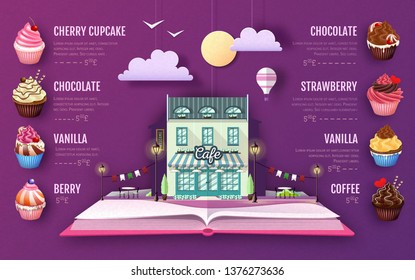 Dessert cupcake menu design. Cut out paper art style design. Origami