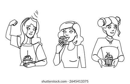sobremesa cupcake mulher vetor. comida jovem, doce feminino, pessoa feliz sobremesa cupcake mulher personagem. pessoas linha preta lápis desenho ilustração