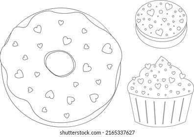 Dessert cupcakes macaroon donuts coloring vector illustration