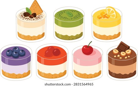 Dessert cups set vector illustration, layered mousse cakes bundle with tiramisu, matcha, lemon, blueberry, strawberry, cherry, and chocolate