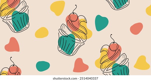 Dessert Day colorful seamless pattern. Cupcake with cherry in line art style on beige background. Hand drawn, not AI vector illustration in green, red, yellow colors for textile, wrapping, business