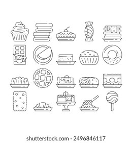 Dessert Delicious Food Collection Icons Set Vector. Donut With Chocolate Cream And Fruity Lollipop Candy, Waffles And Muffin Creamy Dessert Black Contour Illustrations